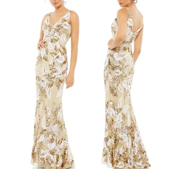 Mac Duggal 5476 Floral Embellished Gold/White Sequin V-Neck and Back Gown Size 8 - Picture 1 of 7